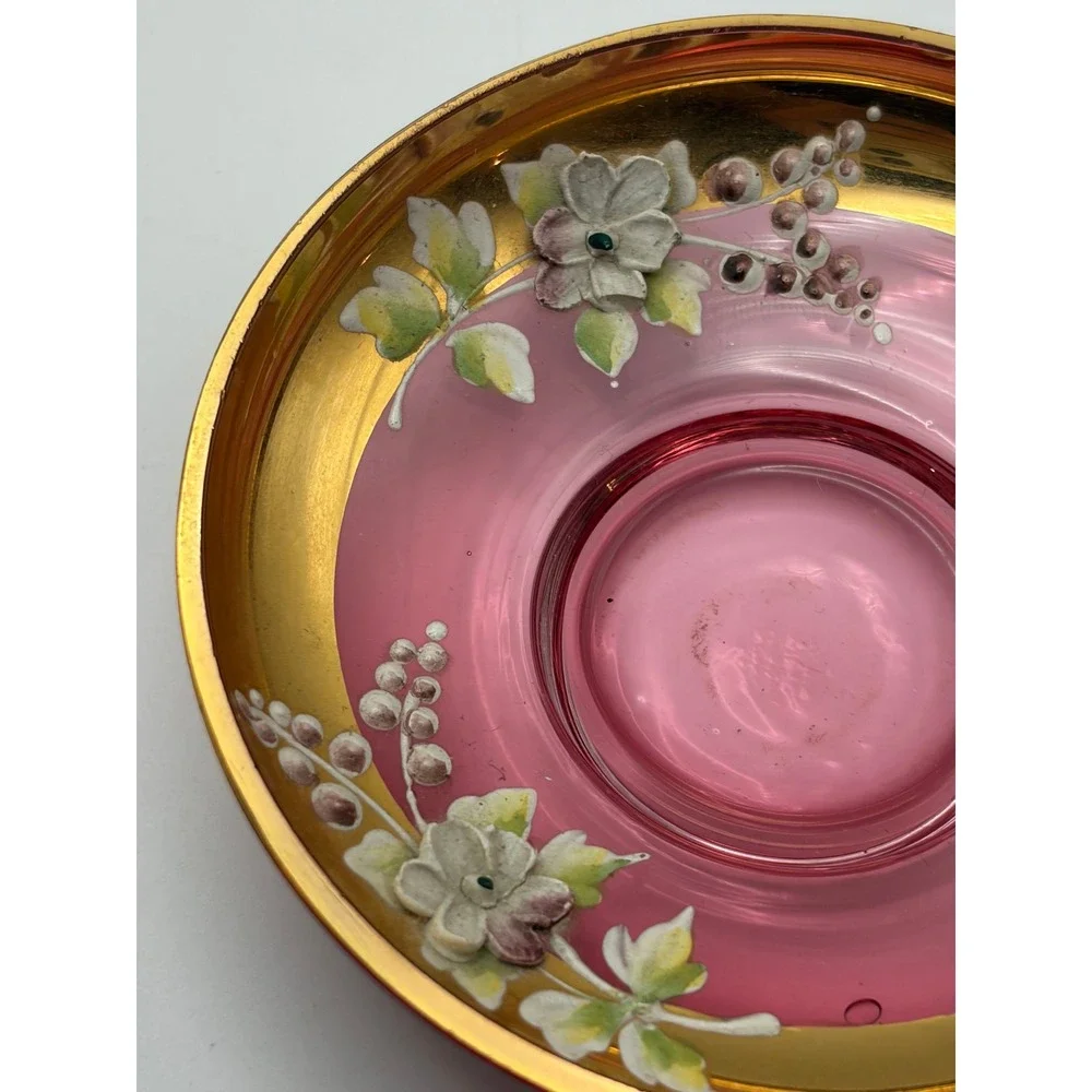 Vintage Glass Bohemian or Venetian-style Cup saucer Gold floral cranberry glass